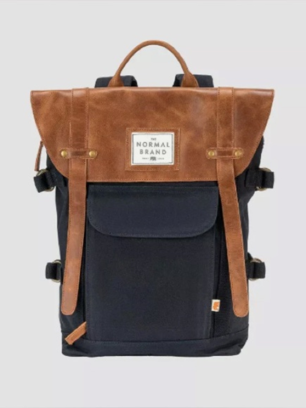 The Normal Brand Top Side Leather And Navy Canvas Backpack Travel Work Bag